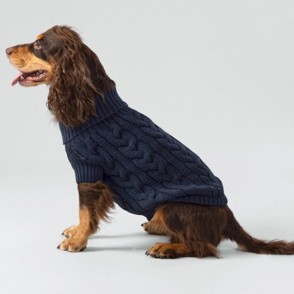 Hackett X Hugo Hudson Cable Knit Pullover Dog Jumper in Navy